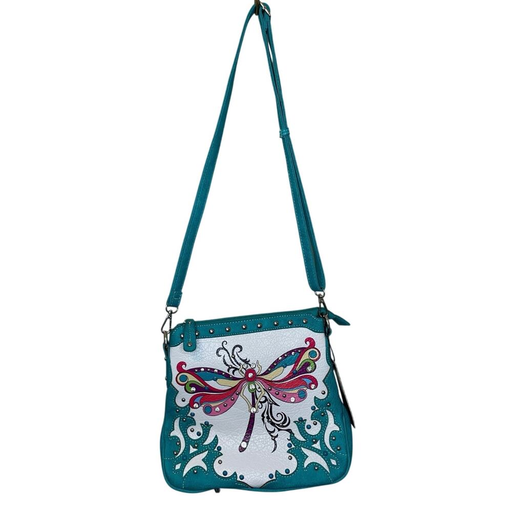 NWT Cowgirl Trendy Turquoise Boho Jeweled Crowe Body Faux Leather Purse Bag